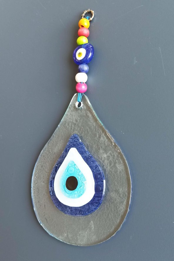 Damla Modeli Nazar Boncuklu Şeffaf Cam El Yapımı Duvar Süsü - Resim 4