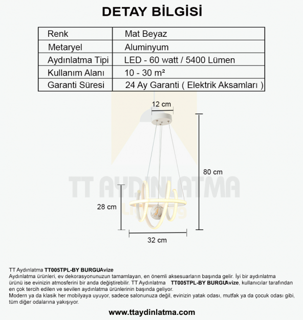 TT Aydınlatma TT005TPL-BY  Burgu Modeli Mat Beyaz Mermer Desen Toplu Led Avize - 3