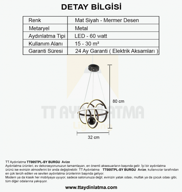 TT Aydınlatma TT005TPL-SY  Burgu Modeli Mat Siyah Mermer Desen Toplu Led Avize - 3