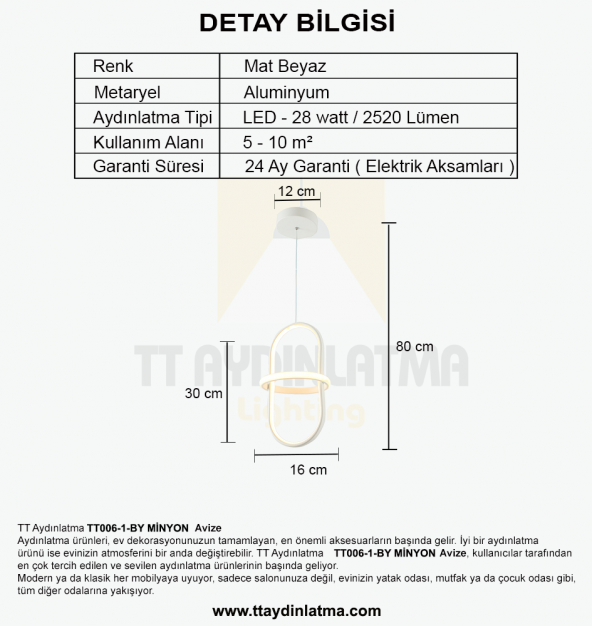 TT Aydınlatma TT006-1-BY  Minyon Modeli Tekli Mat Beyaz Led Avize - 3