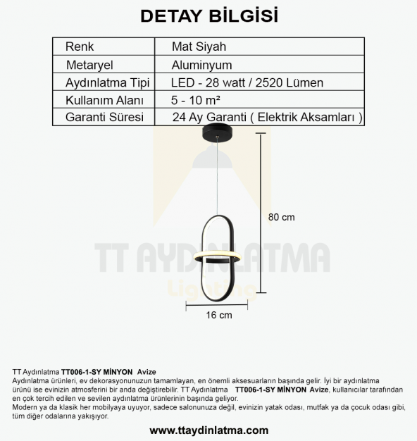TT Aydınlatma TT006-1-SY  Minyon Modeli Tekli Mat Siyah Led Avize - 3