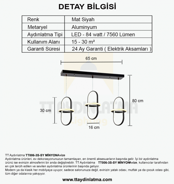 TT Aydınlatma TT006-3S-SY  Minyon Modeli 3 lü Mat Siyah Sıralı Led Avize - 3