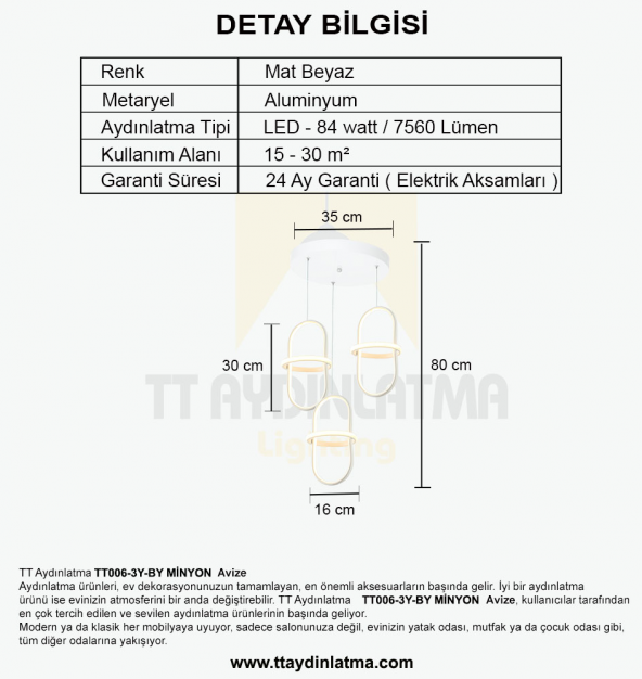 TT Aydınlatma TT006-3Y-BY  Minyon Modeli 3 lü Mat Beyaz Yuvarlak Led Avize - 3