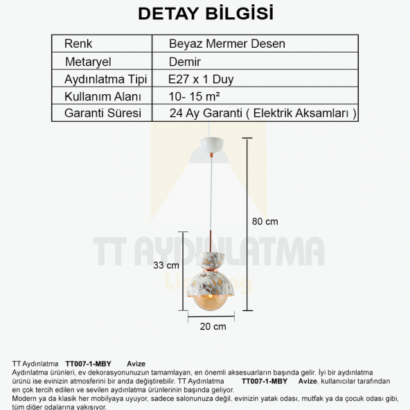 TT Aydınlatma TT007-1 MBY  Mermer Desen Tekli Beyaz Lüks Avize - Resim 4