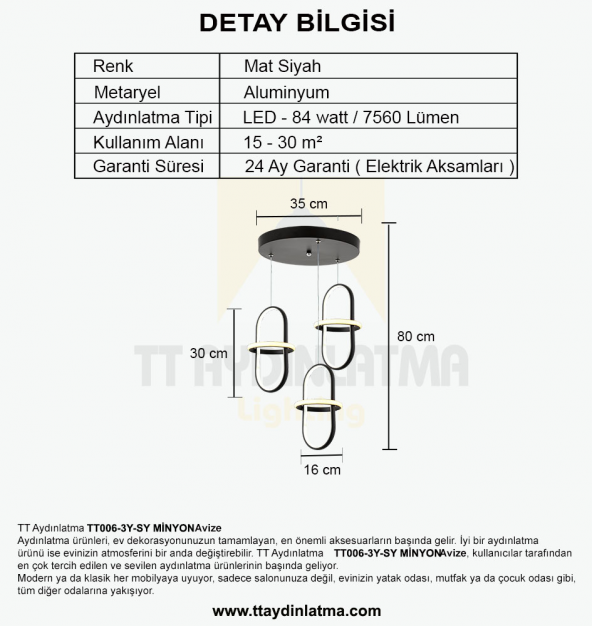 TT Aydınlatma TT006-3Y-SY  Minyon Modeli 3 lü Mat Siyah Yuvarlak Led Avize - 3