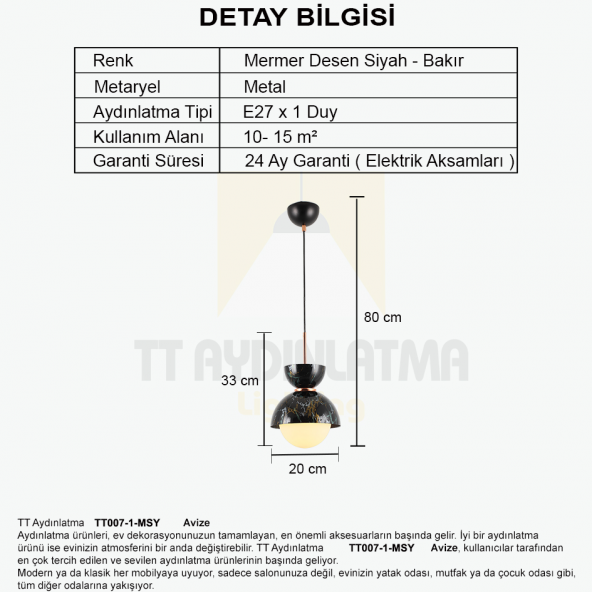 TT Aydınlatma TT007-1-MSY  Mermer Desen Tekli Siyah Lüks Avize - 3