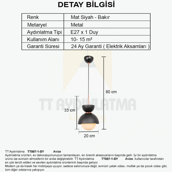 TT Aydınlatma TT007-1-SY  Mat Siyah Tekli Lüks Avize - 3