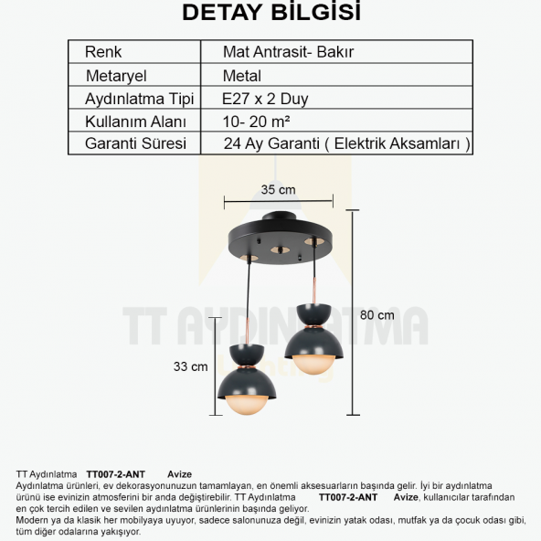 TT Aydınlatma TT007-2 ANT  Mat Antrasit 2 li Lüks Avize - 3