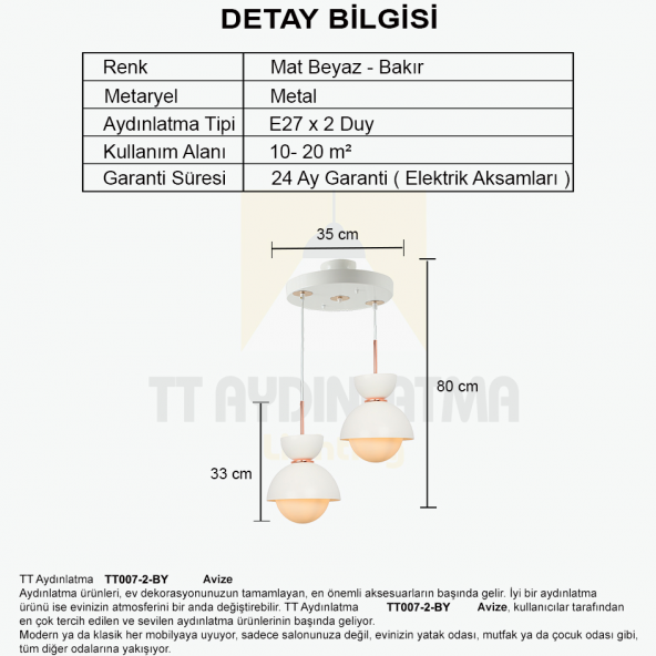 TT Aydınlatma TT007-2 BY  Mat Beyaz 2 li Lüks Avize - 3