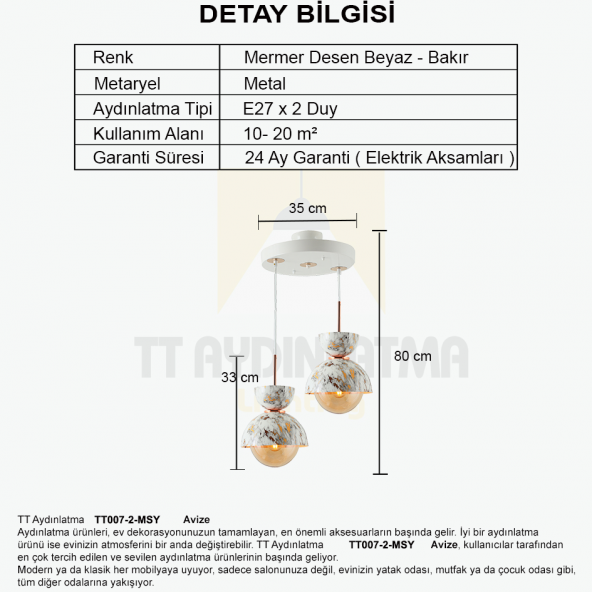 TT Aydınlatma TT007-2 MBY  Mermer Desen 2 li Beyaz Lüks Avize - 3