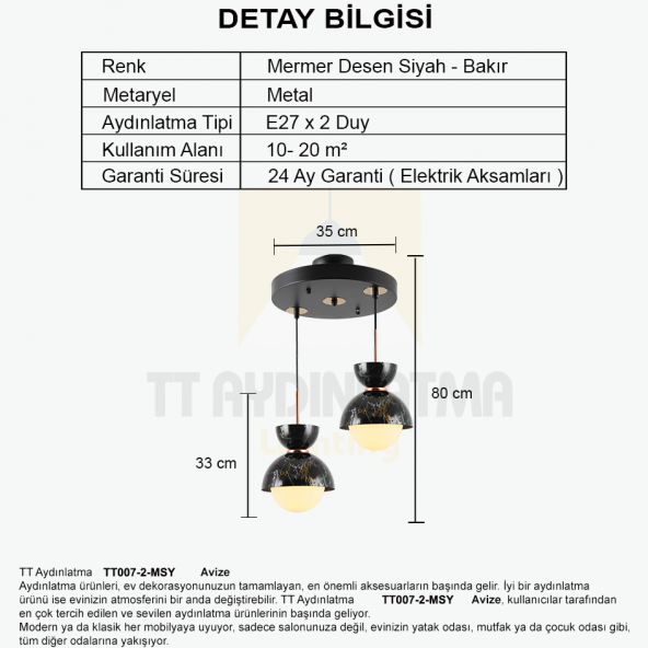 TT Aydınlatma TT007-2 MSY  Mermer Desen 2 li Siyah Lüks Avize - 3