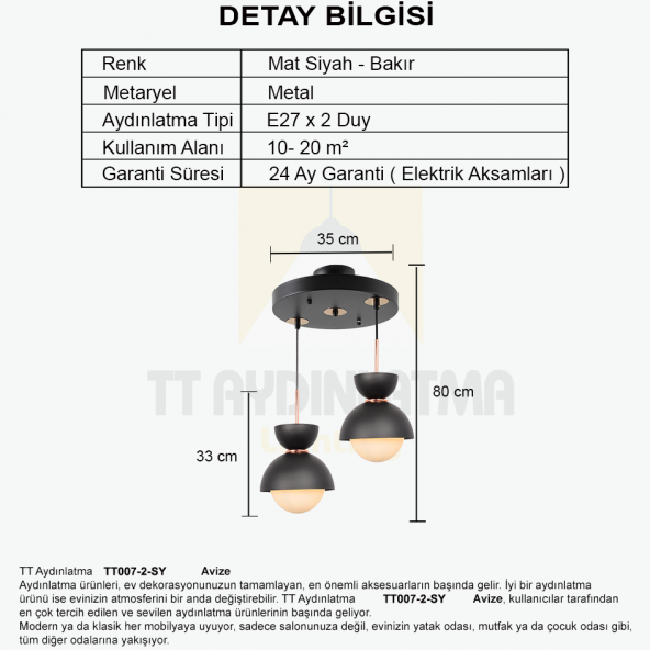 TT Aydınlatma TT007-2 SY  Mat Siyah 2 li Lüks Avize - 3