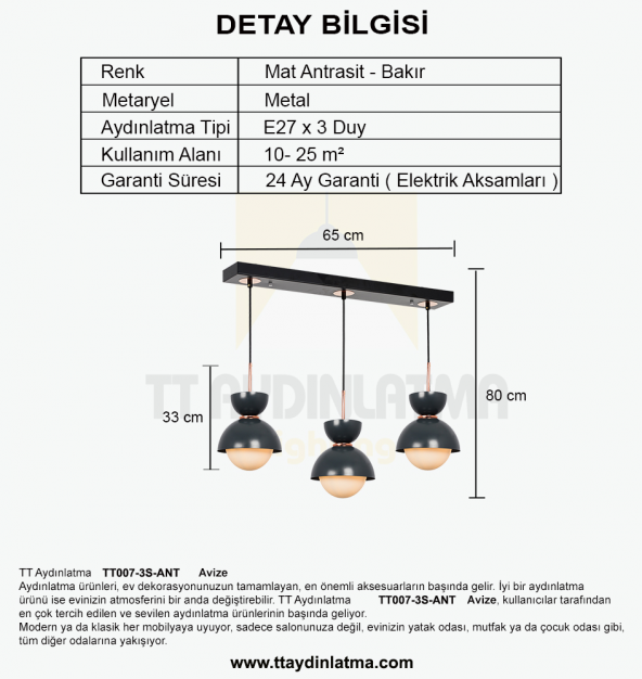 TT Aydınlatma TT007-3S ANT  Mat Antasit 3 lü Sıralı Lüks Avize - Resim 3