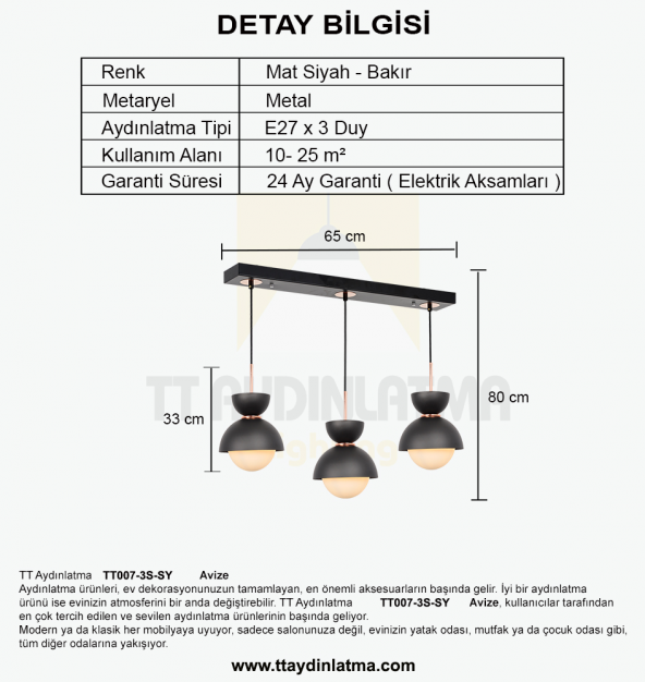TT Aydınlatma TT007-3S SY  Mat Siyah 3 lü Sıralı Lüks Avize - Resim 3