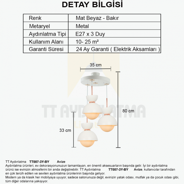 TT Aydınlatma TT007-3Y BY  Mat Beyaz 3 lü Yuvarlak Lüks Avize - 3