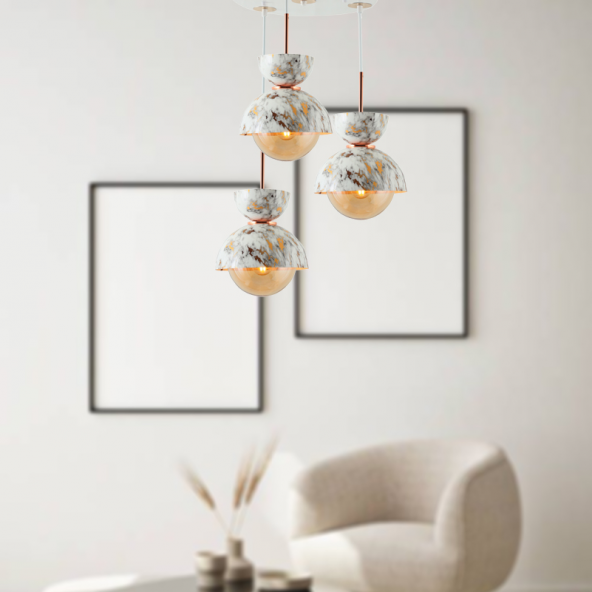 TT Aydınlatma TT007-3Y MBY  Mermer Desen 3 lü Yuvarlak Beyaz Lüks Avize ürün görseli 1