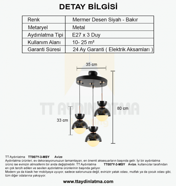 TT Aydınlatma TT007-3Y MSY  Mermer Desen 3 lü Yuvarlak Siyah Lüks Avize - 3