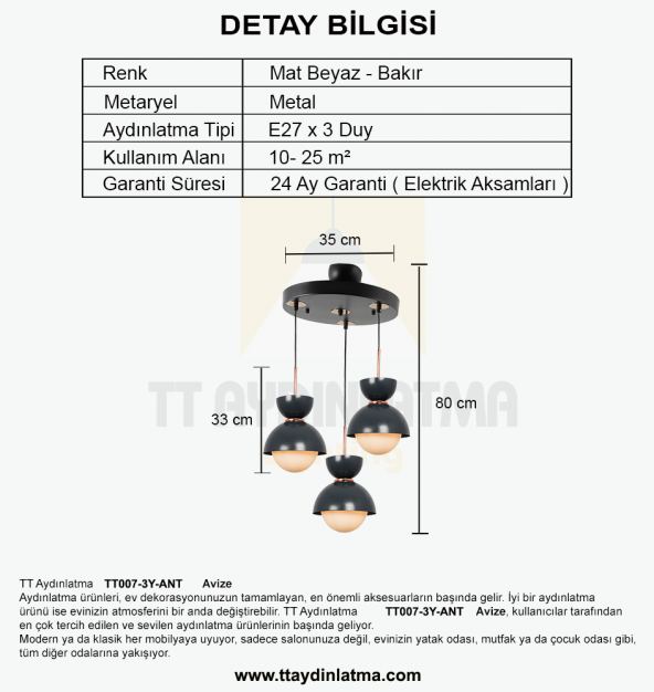 TT Aydınlatma TT007-3Y SY  Mat Siyah 3 lü Yuvarlak Lüks Avize - 3