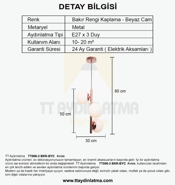 TT Aydınlatma TT008-3 BKR  Bakır Rengi Kaplama Beyaz Camlı Lüks Avize - Resim 3
