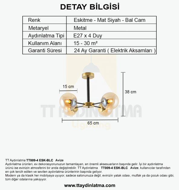 TT Aydınlatma TT009-4 ESK  Eskitme Rengi Kaplama 4 lü Bal Camlı Lüks Avize - 3