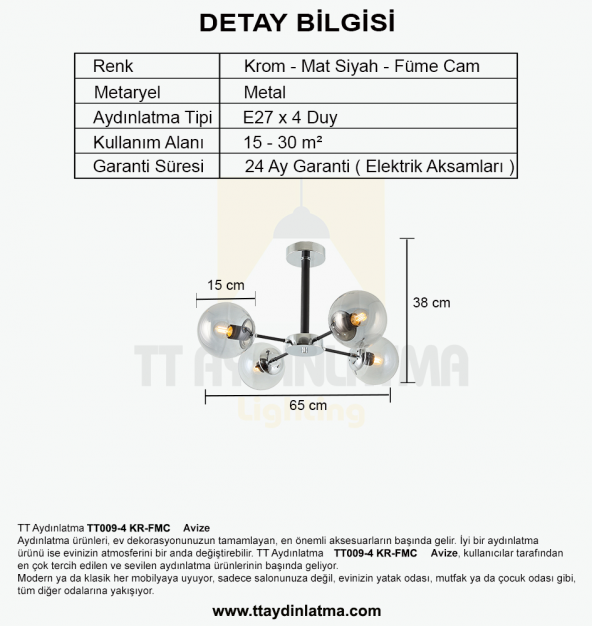 TT Aydınlatma TT009-4 KR  Krom Rengi Kaplama 4 lü Füme Camlı Lüks Avize - 3