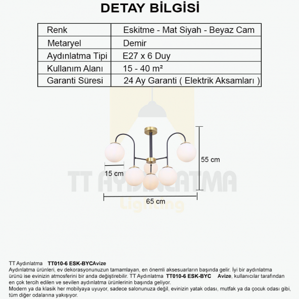 TT Aydınlatma TT010-6 ESK  Eskitme Rengi Kaplama 6 lı Beyaz Camlı Lüks Avize - Resim 3