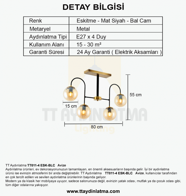 TT Aydınlatma TT011-4 ESK  Eskitme Rengi Kaplama 4 lü Bal Camlı Lüks Avize - Resim 4
