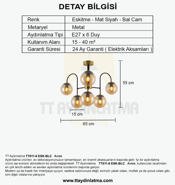 TT Aydınlatma TT011-6 ESK  Eskitme Rengi Kaplama 6 lı Bal Camlı Lüks Avize - Resim 3