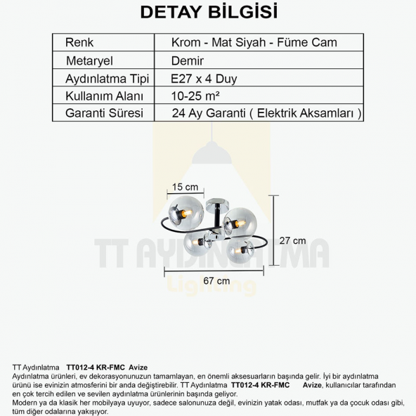 TT Aydınlatma TT012-4 KR  Krom Rengi Kaplama 4 lü Füme Camlı Lüks Avize - 3