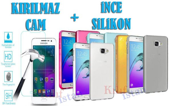 Samsung Galaxy A5 2016 Kılıf Şeffaf Silikon Kılıf + Kırılmaz Cam