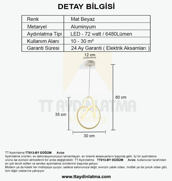 TT Aydınlatma TT013-BY  Düğüm Modeli Mat Beyaz Led Avize - 3