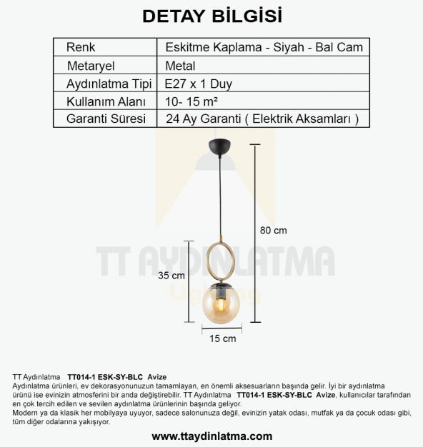 TT Aydınlatma TT014-1 ESK  Eskitme Kaplama - Siyah Bal Camlı Tekli Avize - 3