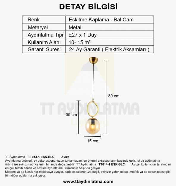 TT Aydınlatma TT014-1 ESK  Eskitme Kaplama Bal Camlı Tekli Avize - 3