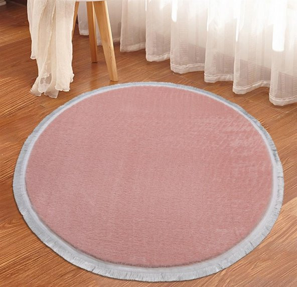 My Evilla Modern Dekoratif Halı Jel Kaymaz Taban Peluş Yuvarlak Model Pembe Renk Saçaklı