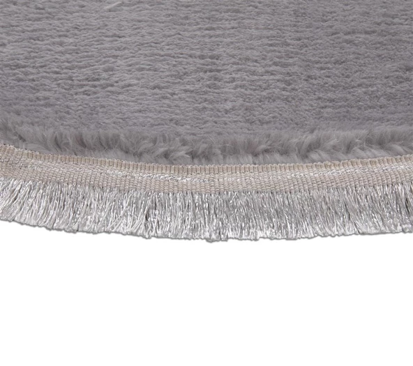 My Evilla Modern Dekoratif Halı Jel Kaymaz Taban Peluş Yuvarlak Model Açık Gri Renk Saçaklı - 2