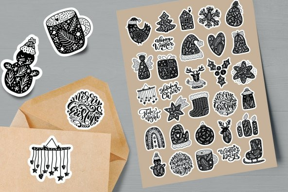 30 Adet Yılbaşı Christmas JDM Araba Stickers Motor Bisiklet Laptop Sticker Etiket Çıkartma Siyah - 4