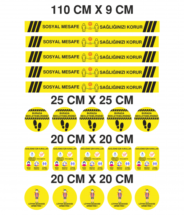 Sticker Master Sosyal Mesafe Uyarı Sticker 5 Li Set 20 Adet Sarı ürün görseli