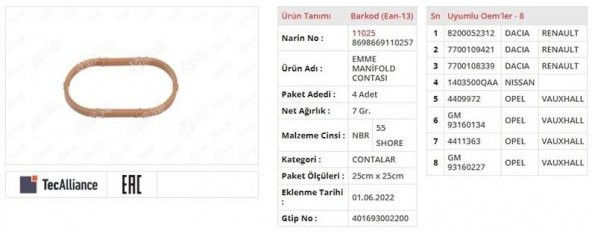 DACIA DUSTER / LOGAN 1.6 Emme Manifold Contası (7700108339)