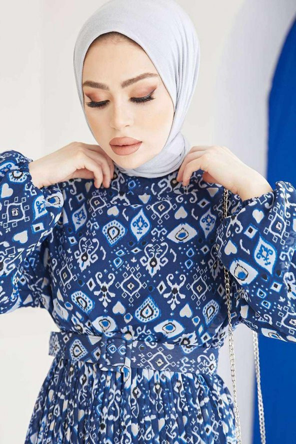 Şifon Bayan Elbise Simit Yakalı Kemerli Boydan Astarlı Mavi 7140 - 3