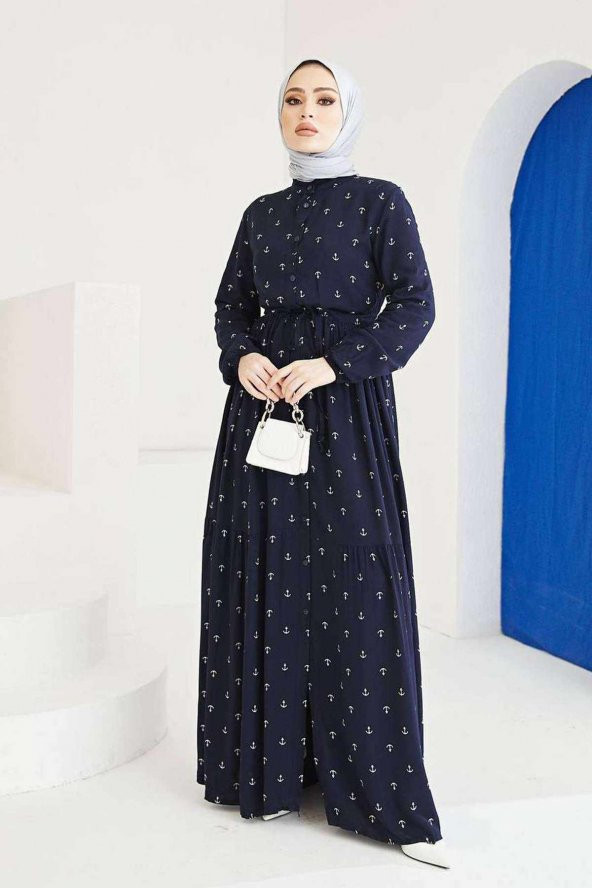 Çapa Desenli Elbise Tesettür Viskon Koton Kumaş Lacivert - 2