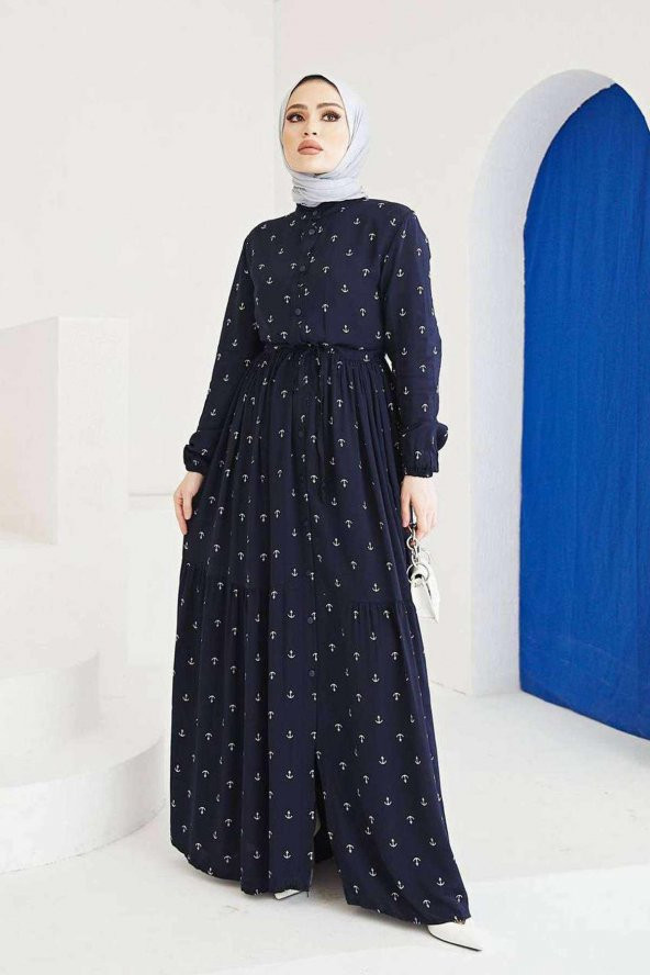 Çapa Desenli Elbise Tesettür Viskon Koton Kumaş Lacivert - 5