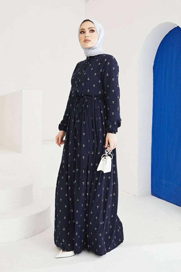Çapa Desenli Elbise Tesettür Viskon Koton Kumaş Lacivert - 6