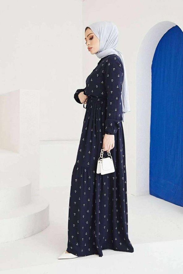 Çapa Desenli Elbise Tesettür Viskon Koton Kumaş Lacivert - 7