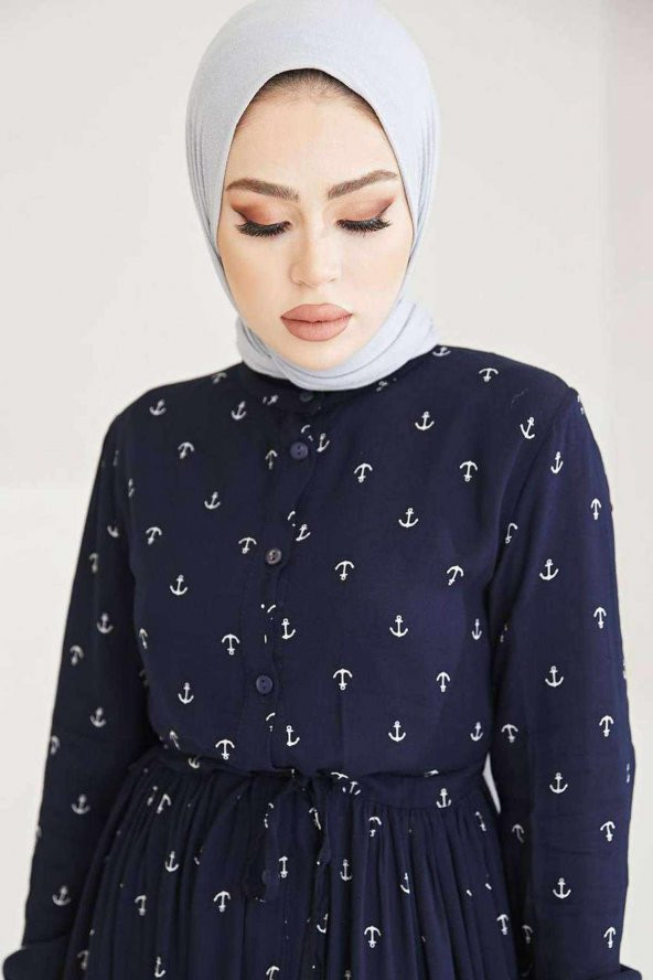 Çapa Desenli Elbise Tesettür Viskon Koton Kumaş Lacivert - 8