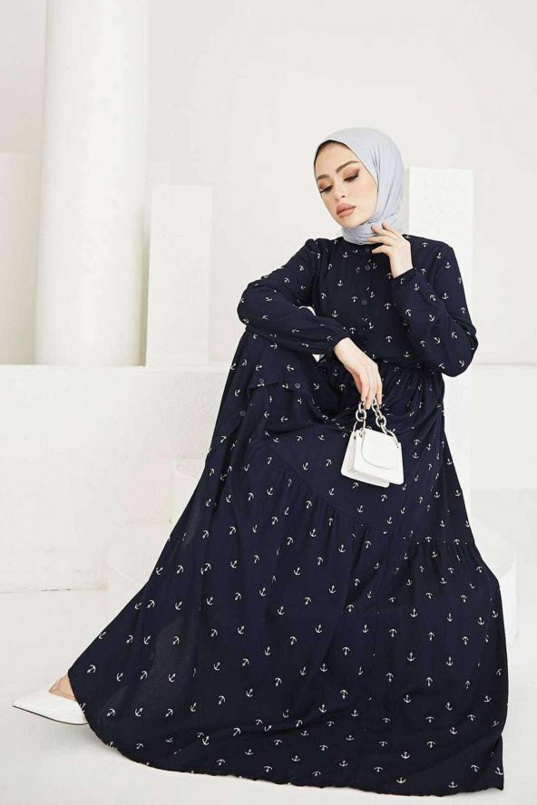 Çapa Desenli Elbise Tesettür Viskon Koton Kumaş Lacivert - 9