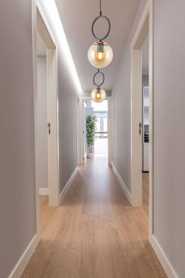 TT Aydınlatma TT014-1 SY Mat Siyah - Bakır Bal Camlı Tekli Avize ürün görseli