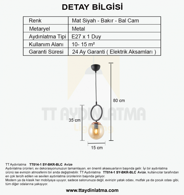 TT Aydınlatma TT014-1 SY  Mat Siyah - Bakır Bal Camlı Tekli Avize - Resim 3