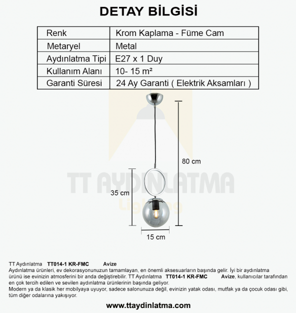TT Aydınlatma TT014-1 KR  Krom Kaplama Füme Camlı Tekli Avize - 3