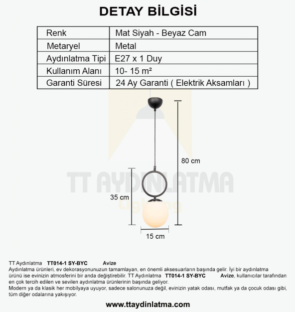 TT Aydınlatma TT014-1 SY  Mat Siyah Beyaz Camlı Tekli Avize - Resim 3