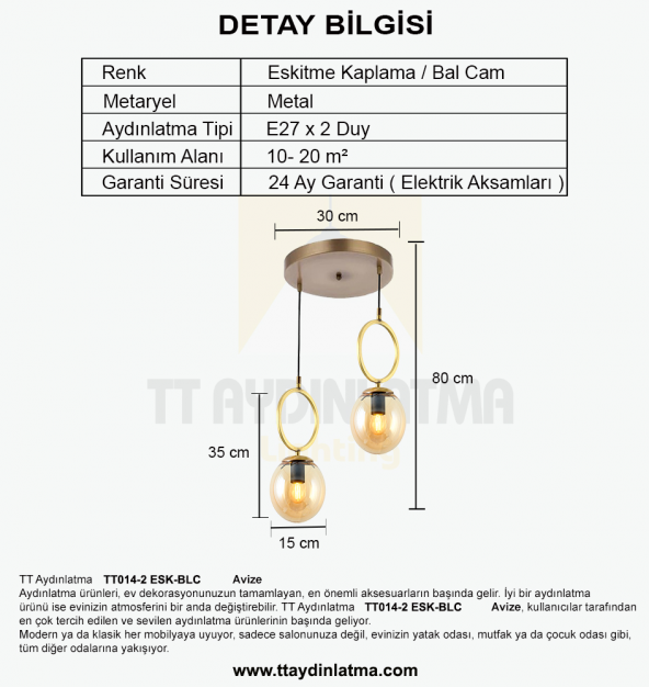 TT Aydınlatma TT014-2 ESK  Eskitme Kaplama Bal Camlı 2 li Avize - 3